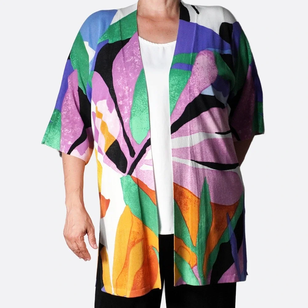 Chico's Knit Kimono‎ Cardigan L 0X 12 Multi-Color Floral Abstract Open Front